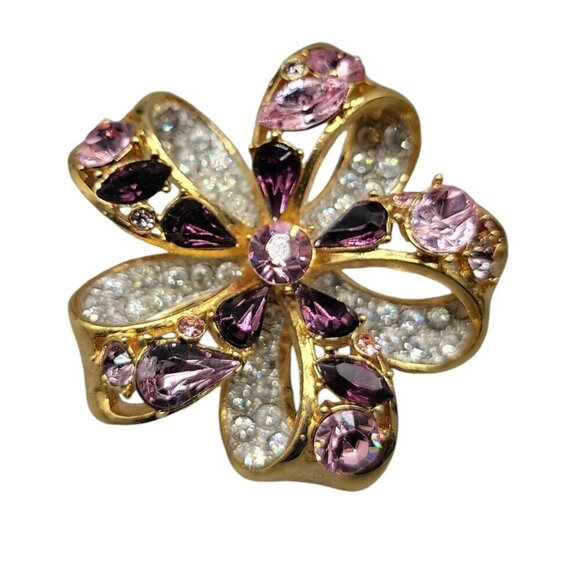 Nolan Miller Brooch Amethyst Purple & Clear Crystals Double Layer Gold Tone - Picture 8 of 15